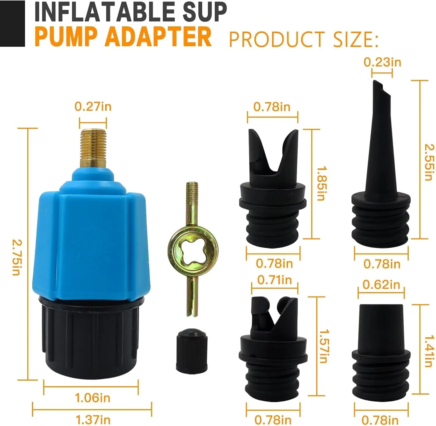 4 in 1 inflatable Pump Air Valve Converter Adapter with 4 Air Valve Nozzles for Inflatable Boat, Stand Up Paddle Board, Inflatable Bed - Blue