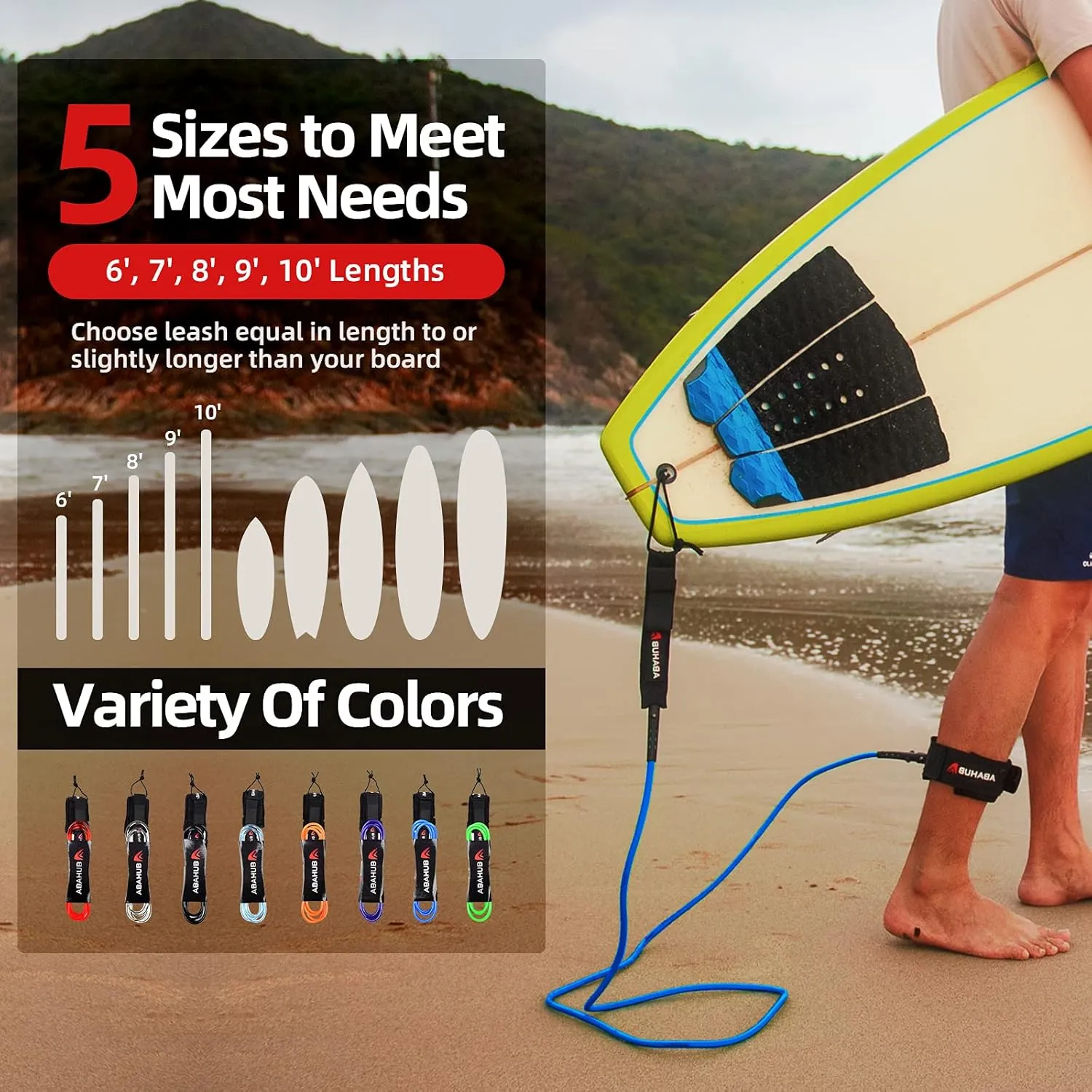 Abahub Premium Surfboard Leash, 6/7/8/9/10 ft, Straight Surf Board Leashes, 6/7mm Legrope Strap for Shortboard, Longboard