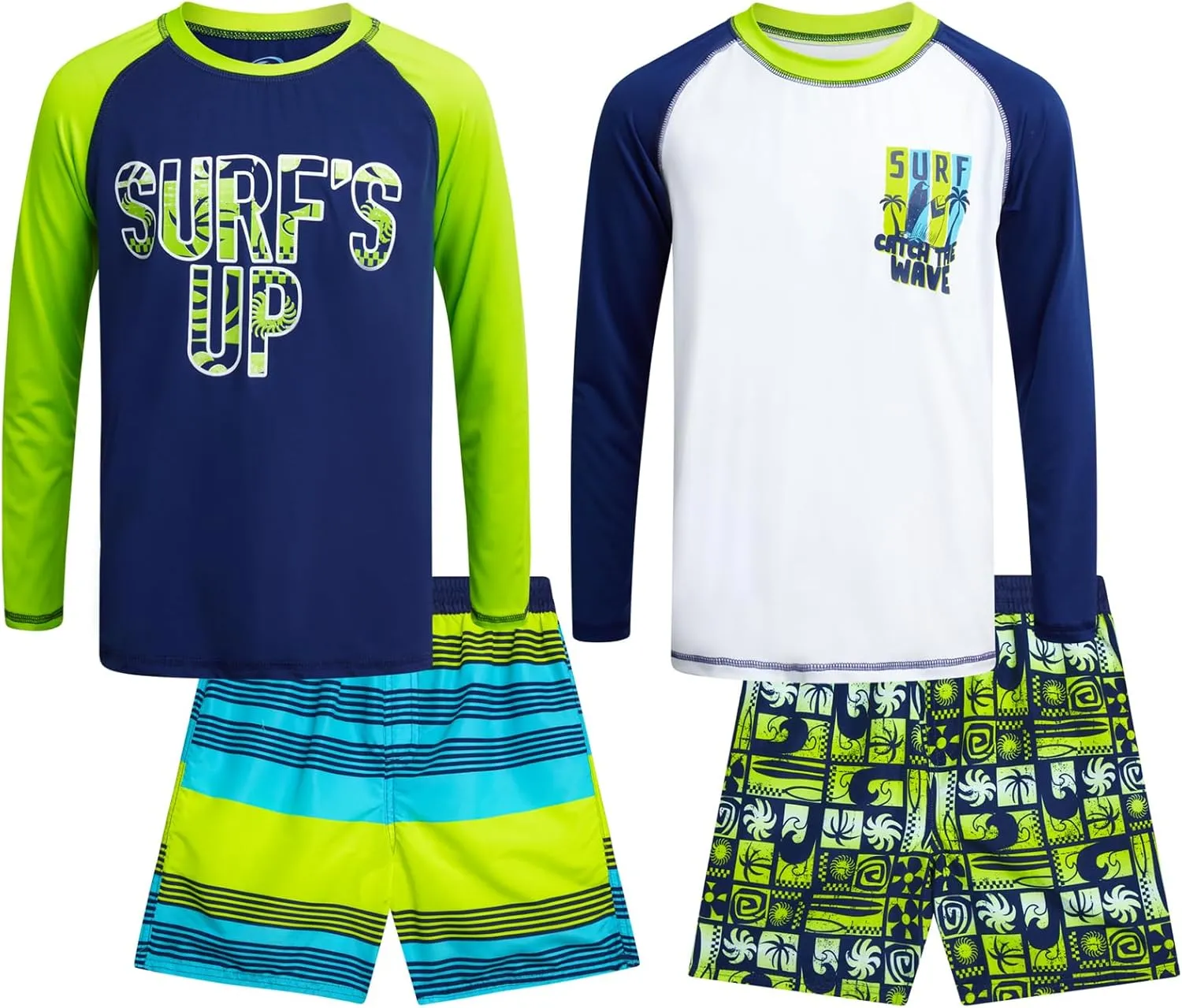 Boys Swim Set - 4 Piece Board Shorts Swim Trunks Long Sleeve Rash Guard for Boys Kids Swimwear (Sizes: 5-12)