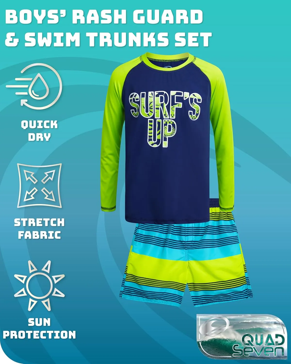 Boys Swim Set - 4 Piece Board Shorts Swim Trunks Long Sleeve Rash Guard for Boys Kids Swimwear (Sizes: 5-12)