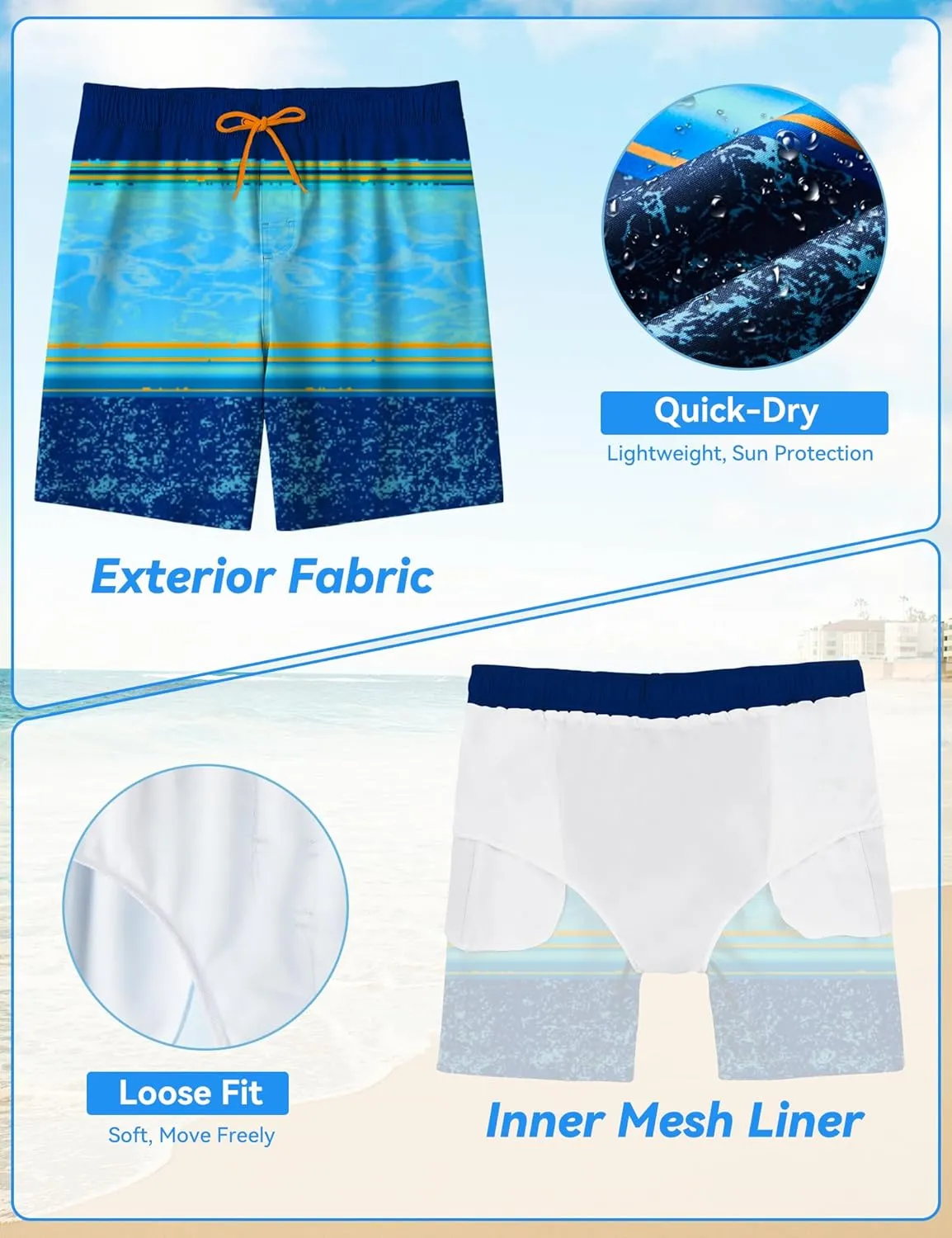 Boys Swim Trunks Quick-Dry w/Ultra Soft Jersey Lining Premium Eco Material UPF 50 