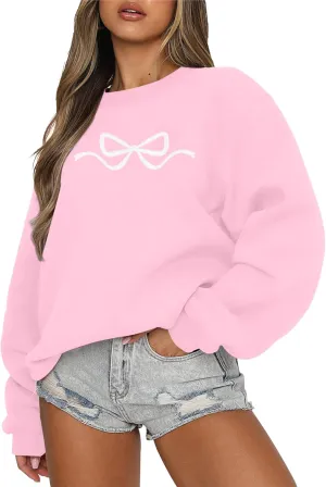 FASHGL Pink Bow Sweatshirt Womens - Sequins Coquette Sweater Casual Round Neck Pullover Sweatshirts Long Sleeve Tops