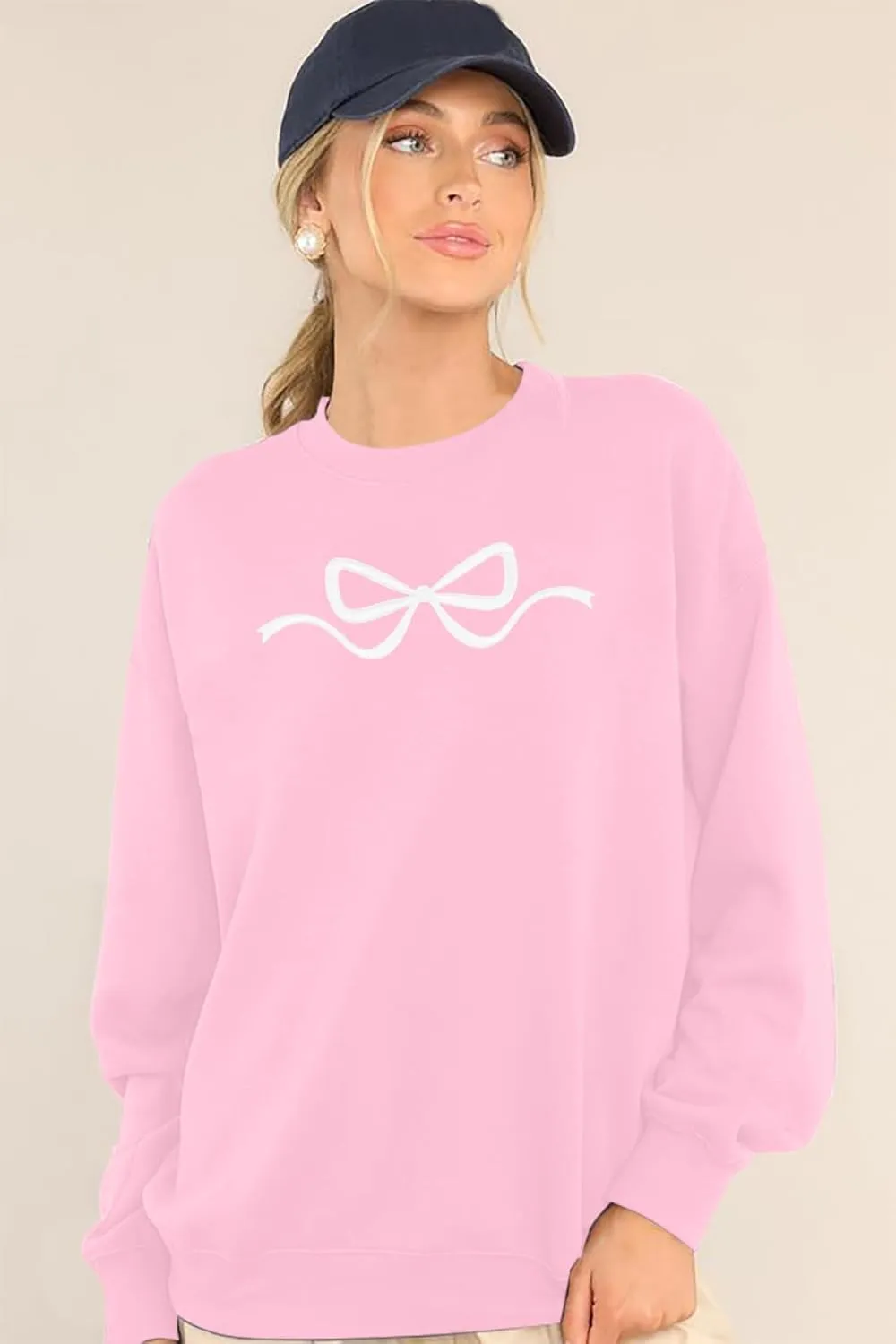 FASHGL Pink Bow Sweatshirt Womens - Sequins Coquette Sweater Casual Round Neck Pullover Sweatshirts Long Sleeve Tops