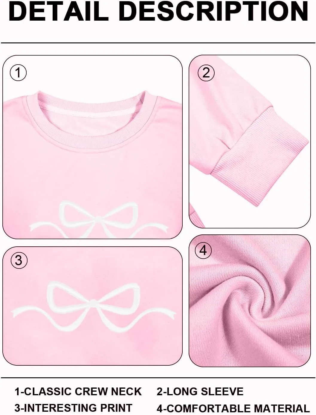 FASHGL Pink Bow Sweatshirt Womens - Sequins Coquette Sweater Casual Round Neck Pullover Sweatshirts Long Sleeve Tops
