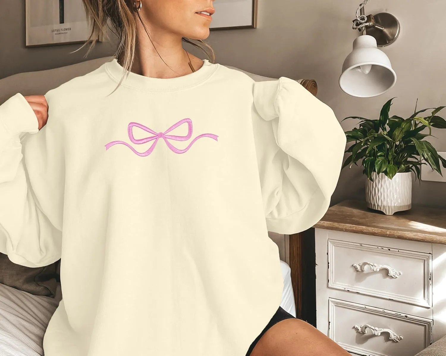 FASHGL Pink Bow Sweatshirt Womens - Sequins Coquette Sweater Casual Round Neck Pullover Sweatshirts Long Sleeve Tops