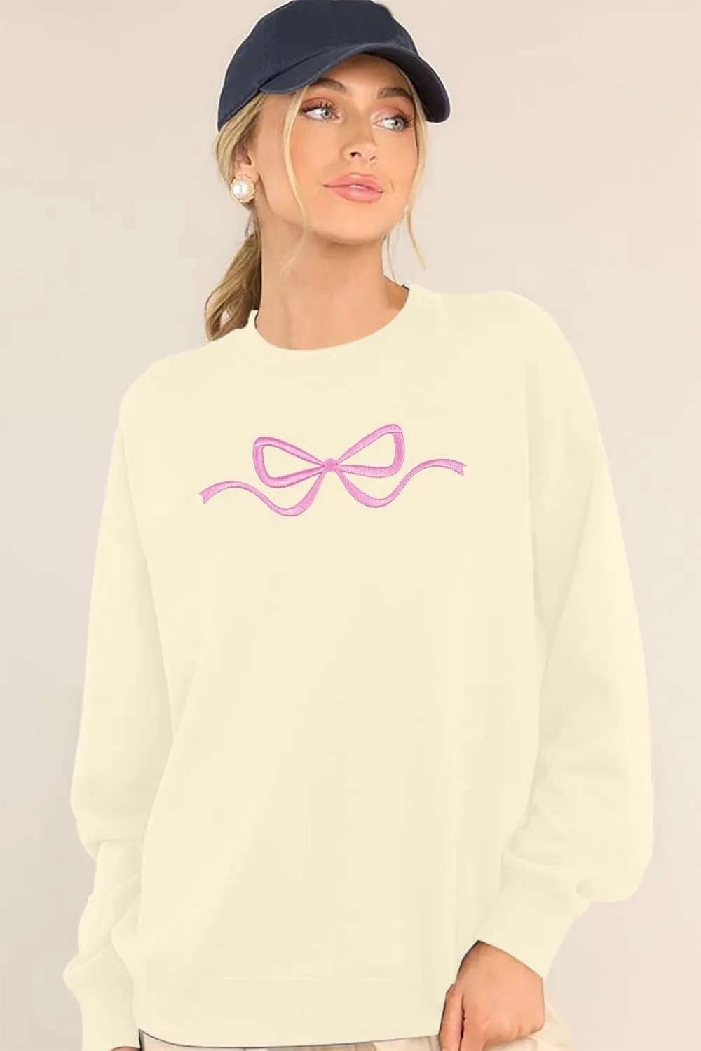 FASHGL Pink Bow Sweatshirt Womens - Sequins Coquette Sweater Casual Round Neck Pullover Sweatshirts Long Sleeve Tops