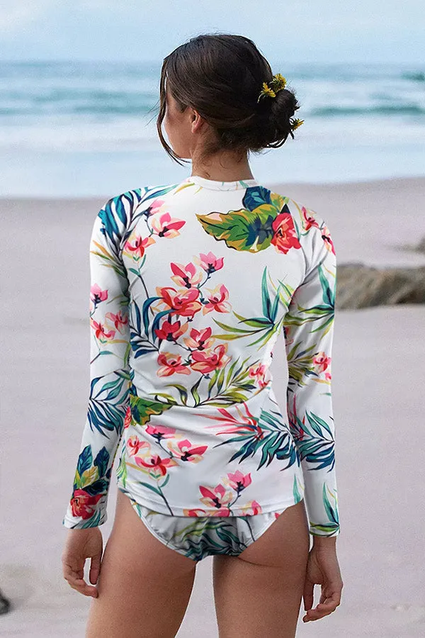 Floral Print Split Pullover Long Sleeve UPF50  Rash Guard