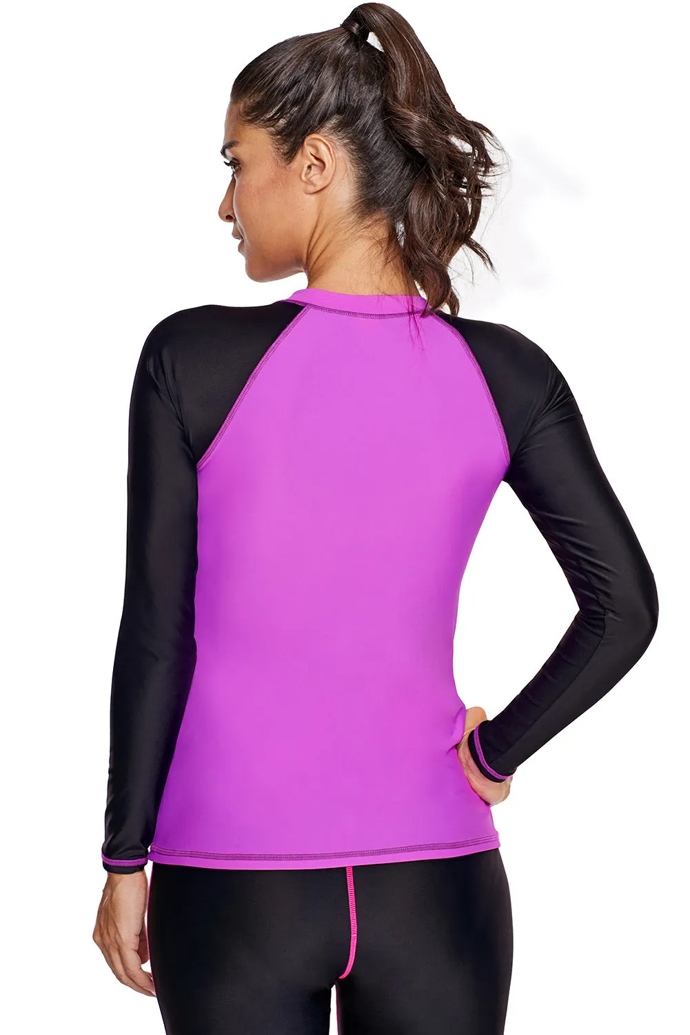 Fuchsia Black Colorblock Zip Down Rash Guard Top