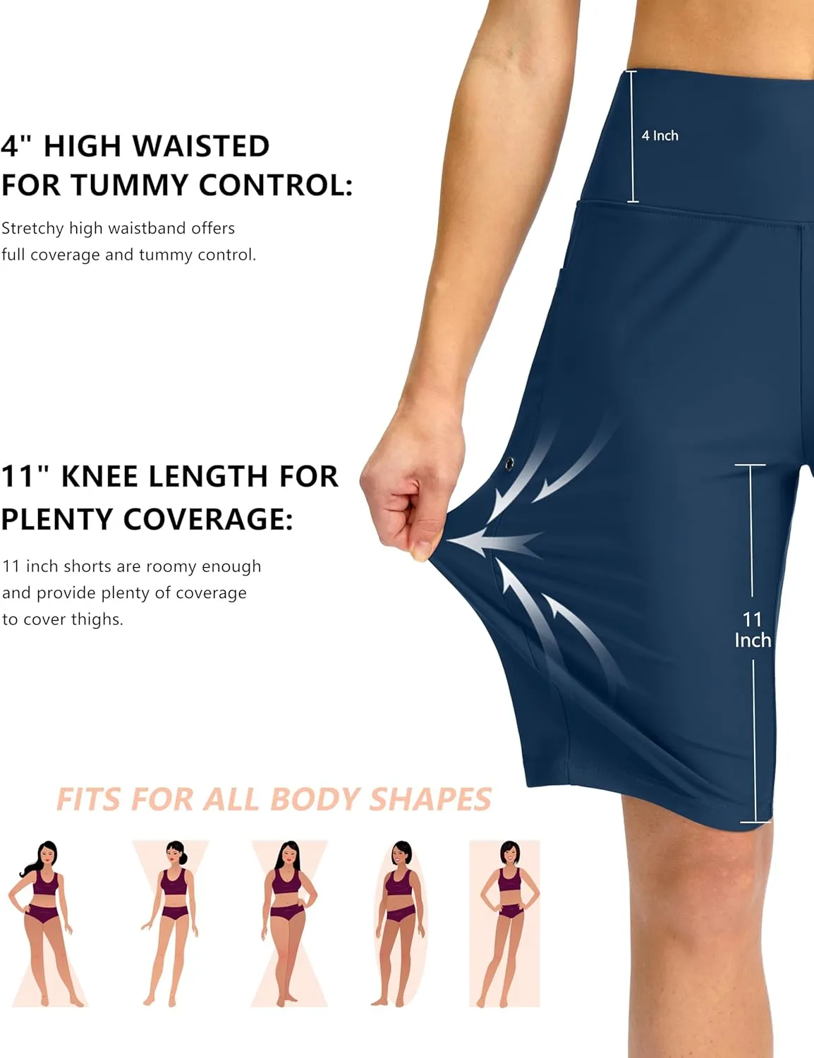 G Gradual Women's 11" Long Swim Board Shorts High Waisted Knee Length Beach Swimming Shorts for Women with Pockets Liner