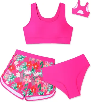 Girls Swimsuit 3 Piece Bikini Set with Shorts Tropical Floral Print Bathing Suit Girls' Swimwear 7-16T