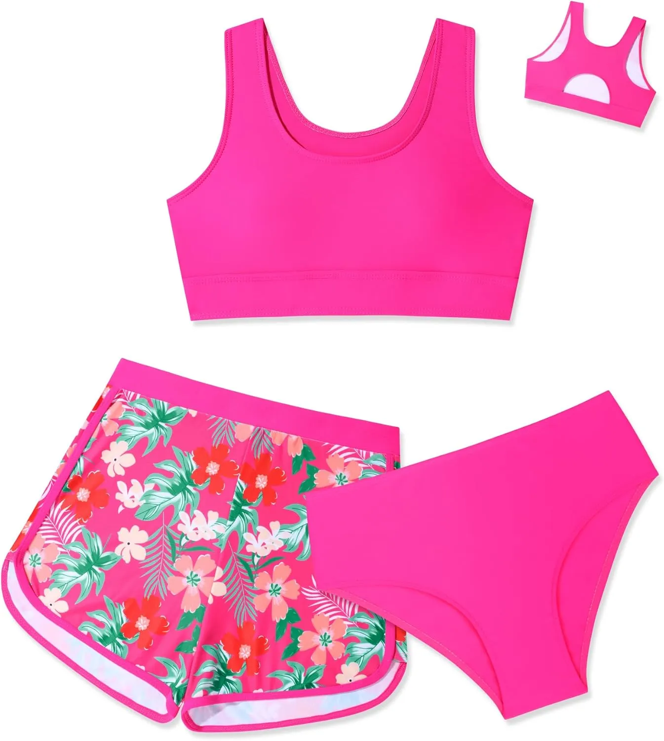 Girls Swimsuit 3 Piece Bikini Set with Shorts Tropical Floral Print Bathing Suit Girls' Swimwear 7-16T
