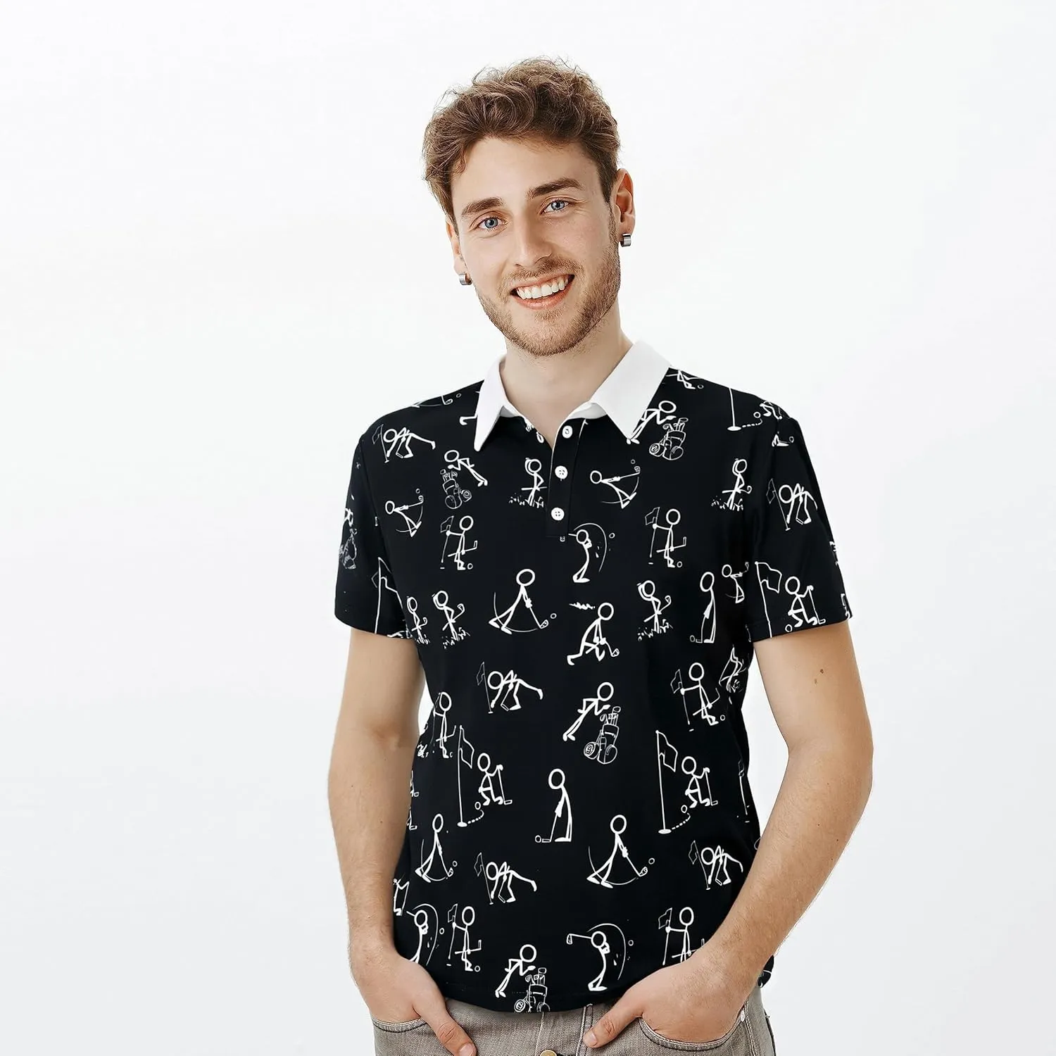 Golf Polos Shirts for Men Funny Print Short Sleeve Golf Shirt Performance Golf Polo Moisture Wicking Dry Fit Golf T-Shirts