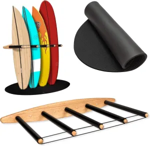 Hang 11 Vertical Surfboard Rack - Surf Racks for Wall, Sustainable Wooden Surf Board Holder with Rubber Mat, Wall Mount Storage, Vertical Paddle Board & SUP Garage Stand (5 arms / 4-5 boards)