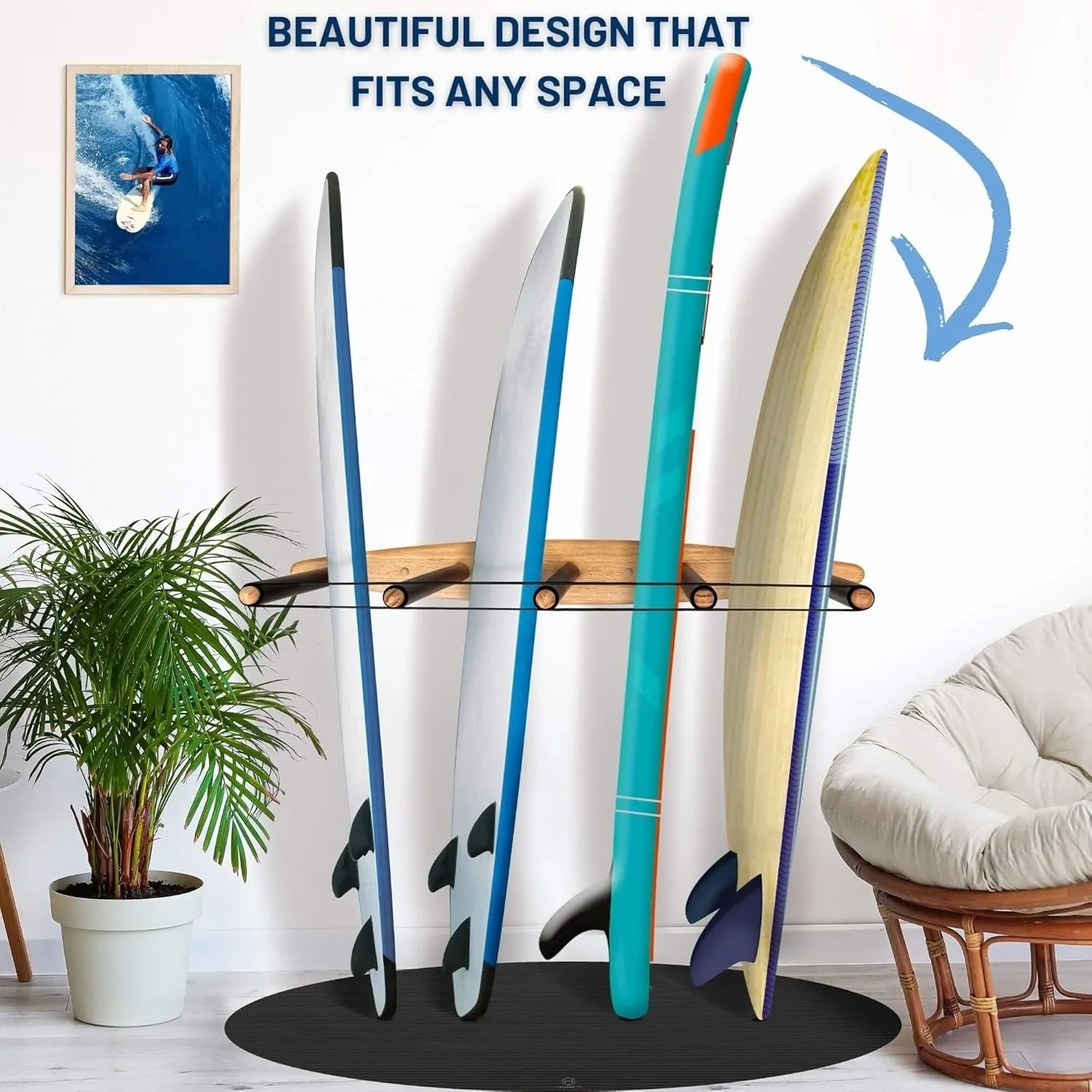 Hang 11 Vertical Surfboard Rack - Surf Racks for Wall, Sustainable Wooden Surf Board Holder with Rubber Mat, Wall Mount Storage, Vertical Paddle Board & SUP Garage Stand (5 arms / 4-5 boards)