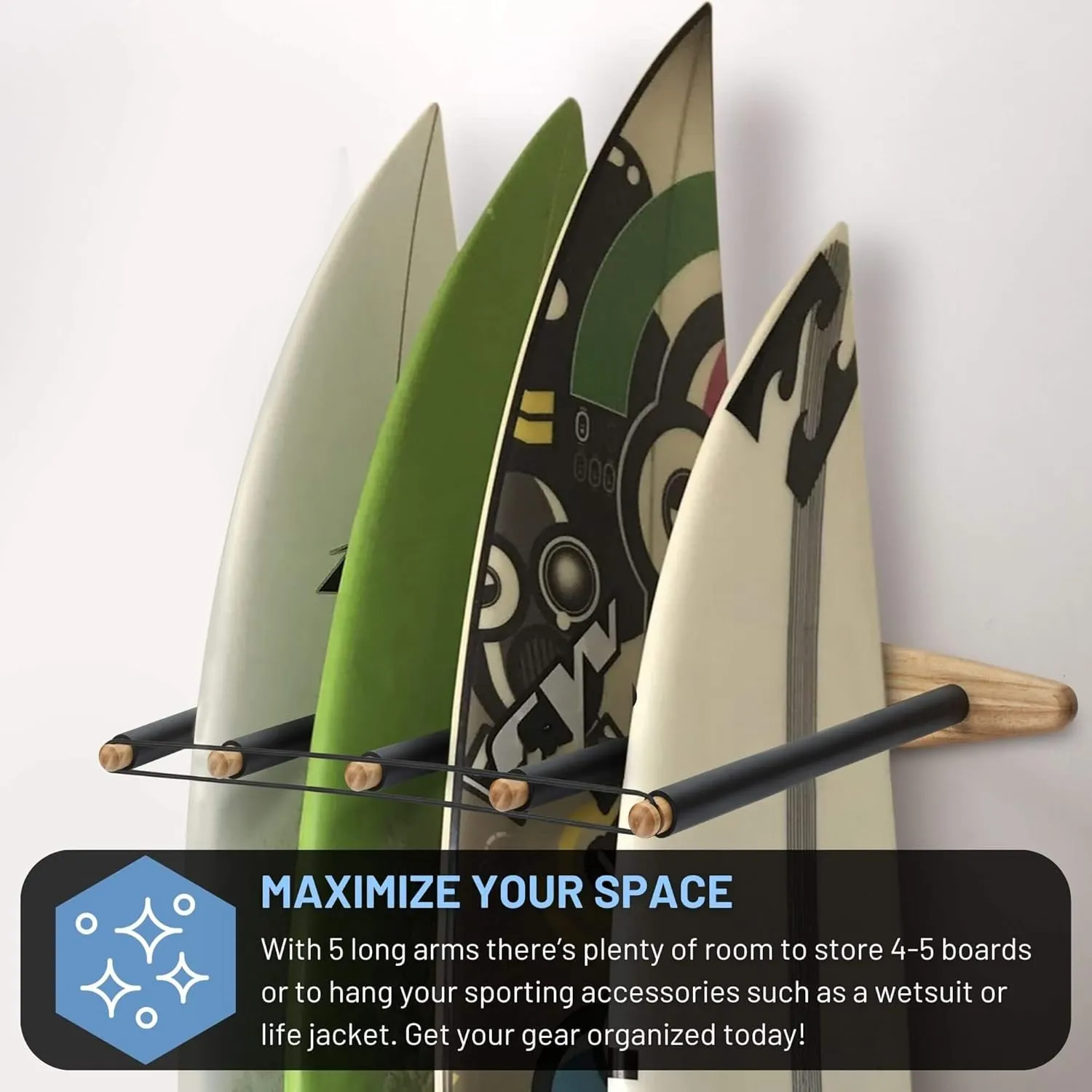 Hang 11 Vertical Surfboard Rack - Surf Racks for Wall, Sustainable Wooden Surf Board Holder with Rubber Mat, Wall Mount Storage, Vertical Paddle Board & SUP Garage Stand (5 arms / 4-5 boards)