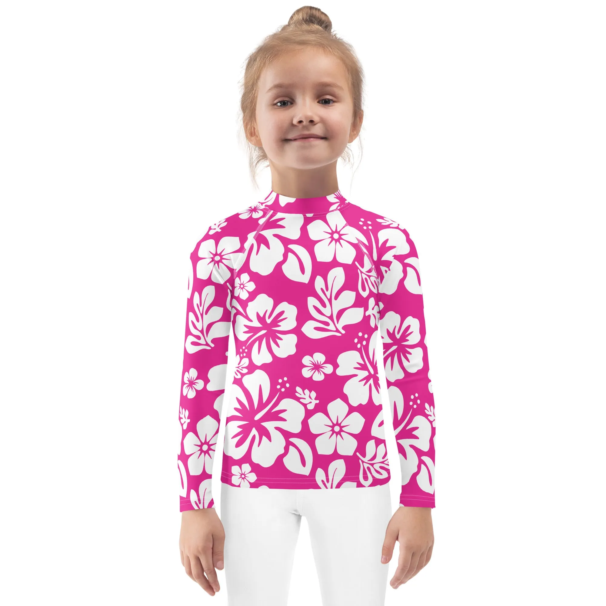 Kids Hot Pink and White Hawaiian Flowers Rash Guard