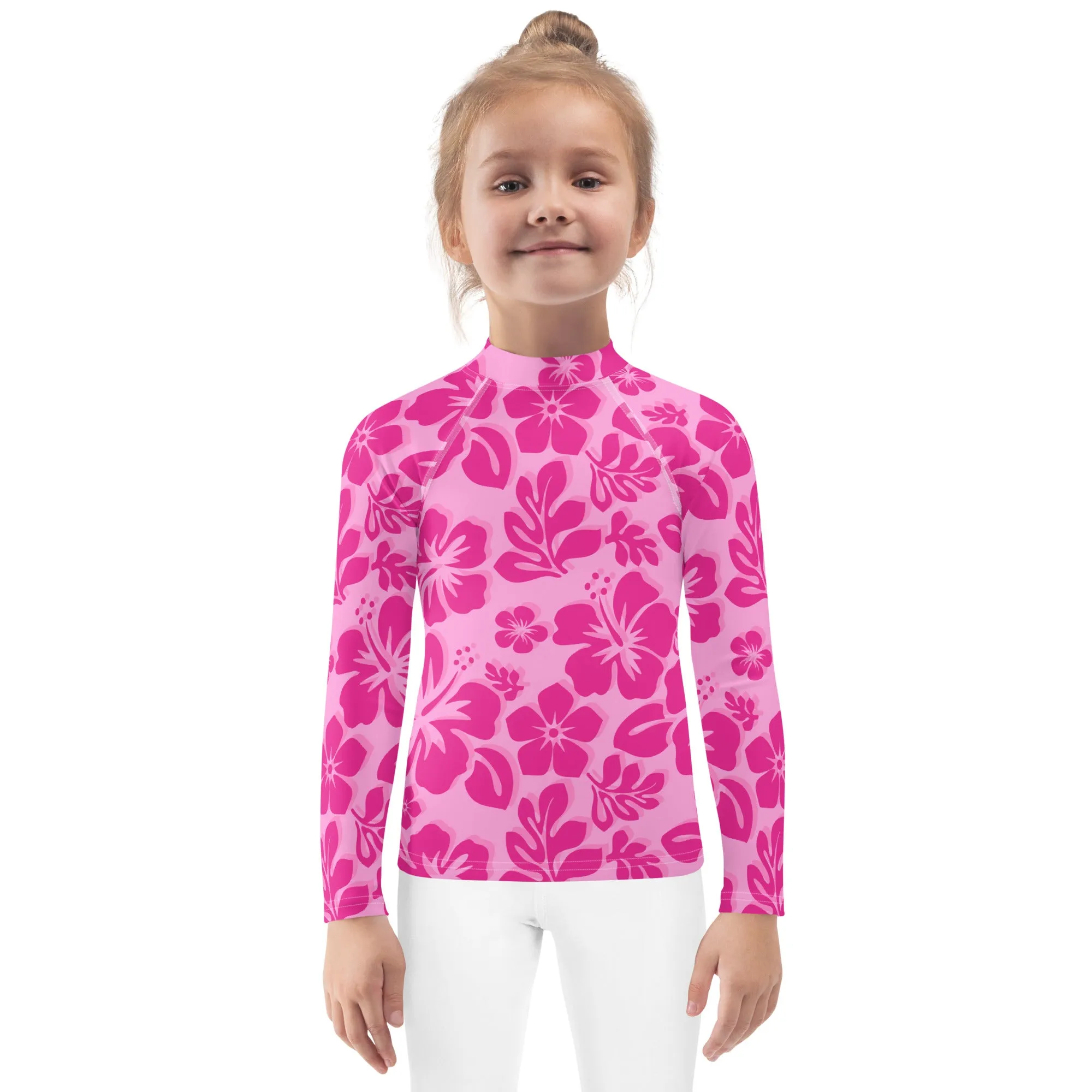 Kids Raspberry Pinks Hawaiian Flowers Rash Guard