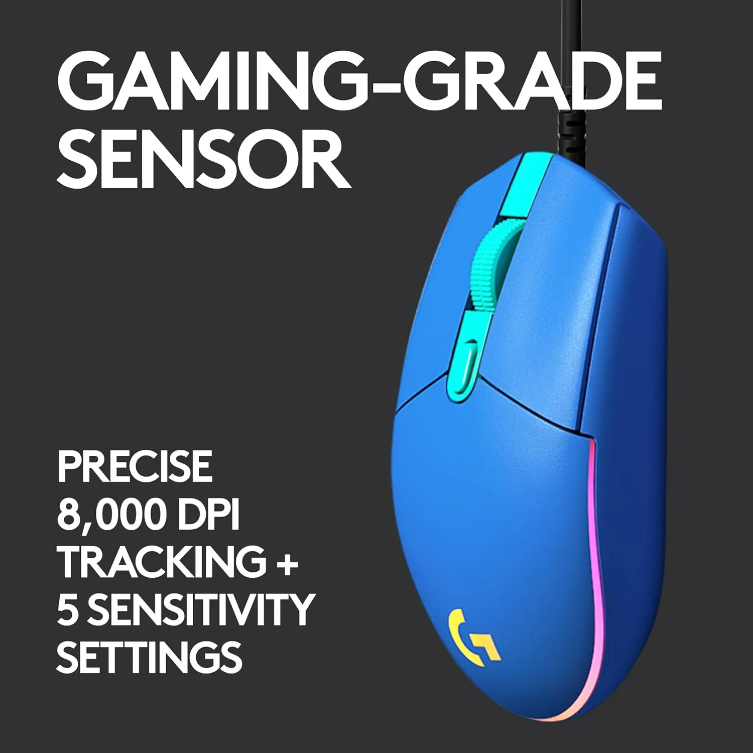 Logitech G203 Wired Gaming Mouse, 8,000 DPI, Rainbow Optical Effect LIGHTSYNC RGB, 6 Programmable Buttons, On-Board Memory, Screen Mapping, PC/Mac Computer and Laptop Compatible - Blue