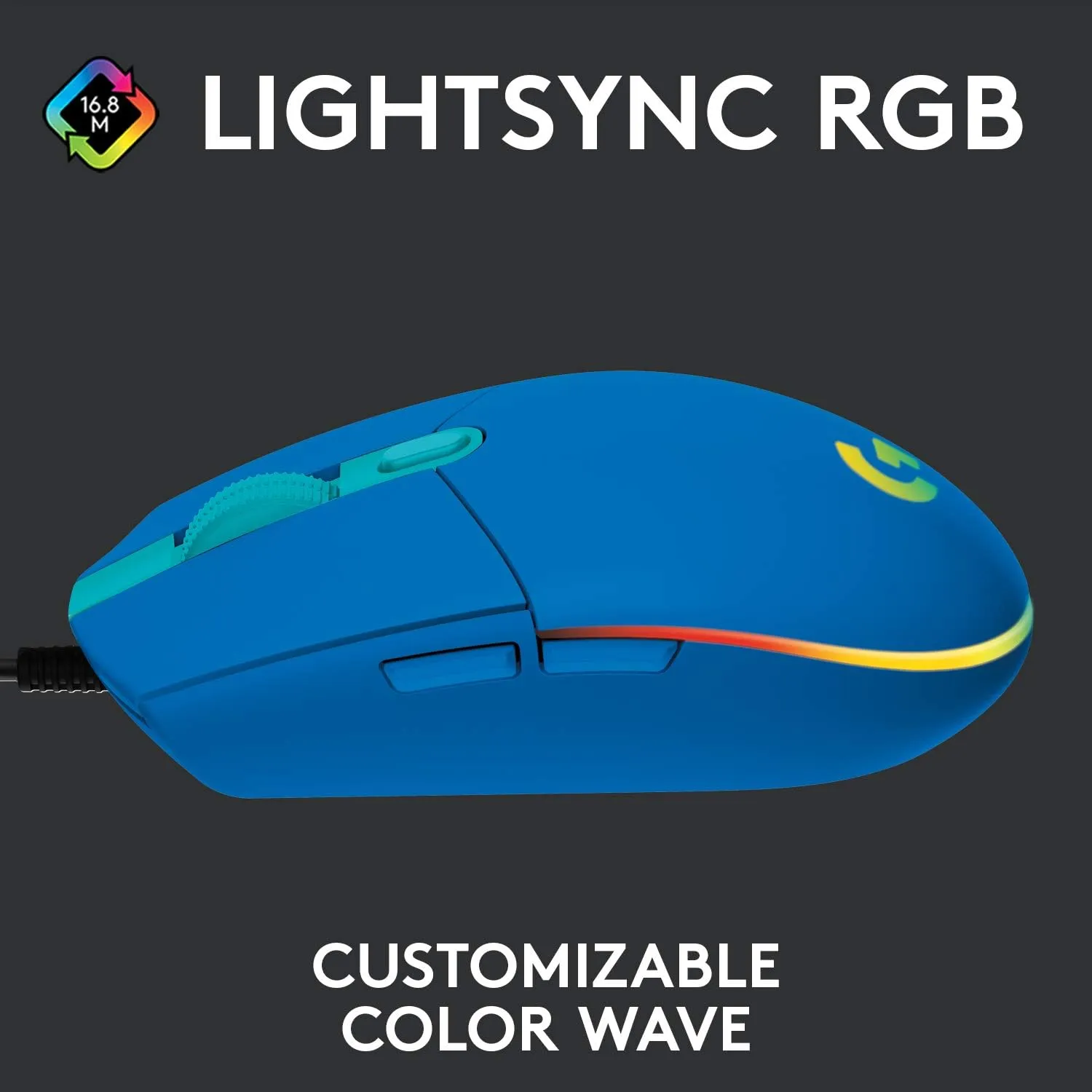 Logitech G203 Wired Gaming Mouse, 8,000 DPI, Rainbow Optical Effect LIGHTSYNC RGB, 6 Programmable Buttons, On-Board Memory, Screen Mapping, PC/Mac Computer and Laptop Compatible - Blue