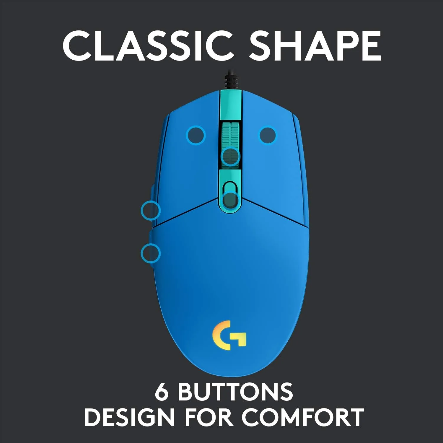 Logitech G203 Wired Gaming Mouse, 8,000 DPI, Rainbow Optical Effect LIGHTSYNC RGB, 6 Programmable Buttons, On-Board Memory, Screen Mapping, PC/Mac Computer and Laptop Compatible - Blue