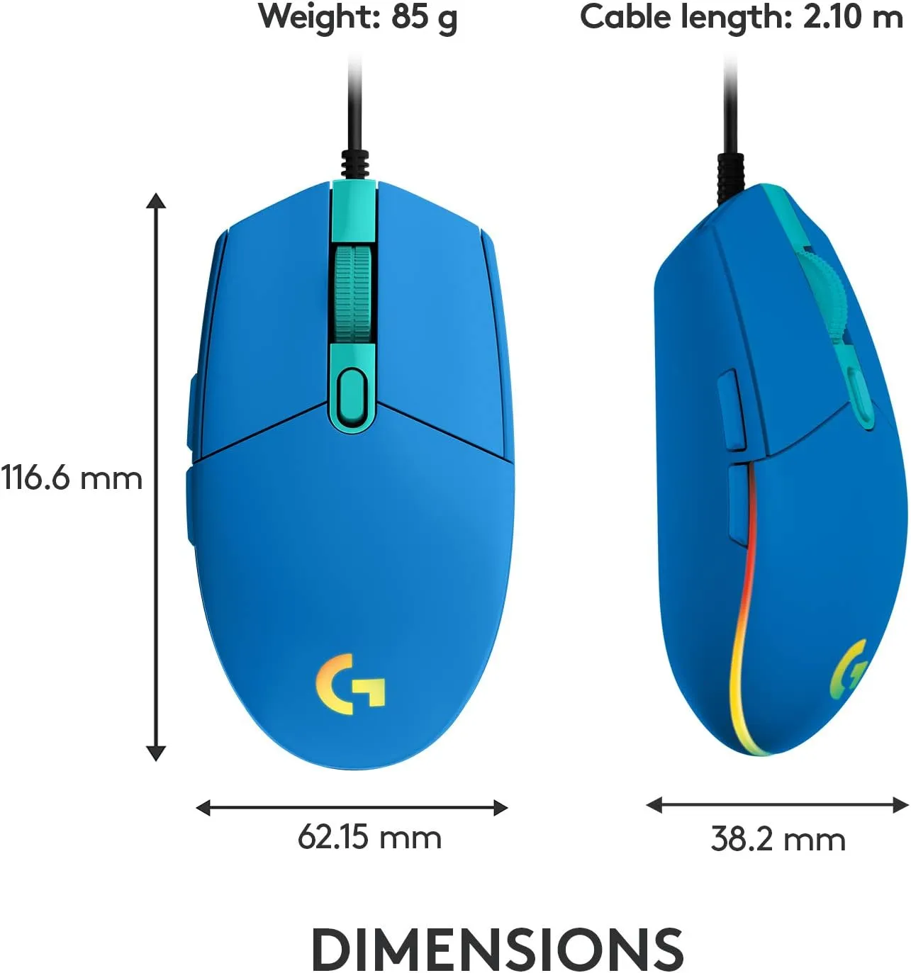 Logitech G203 Wired Gaming Mouse, 8,000 DPI, Rainbow Optical Effect LIGHTSYNC RGB, 6 Programmable Buttons, On-Board Memory, Screen Mapping, PC/Mac Computer and Laptop Compatible - Blue
