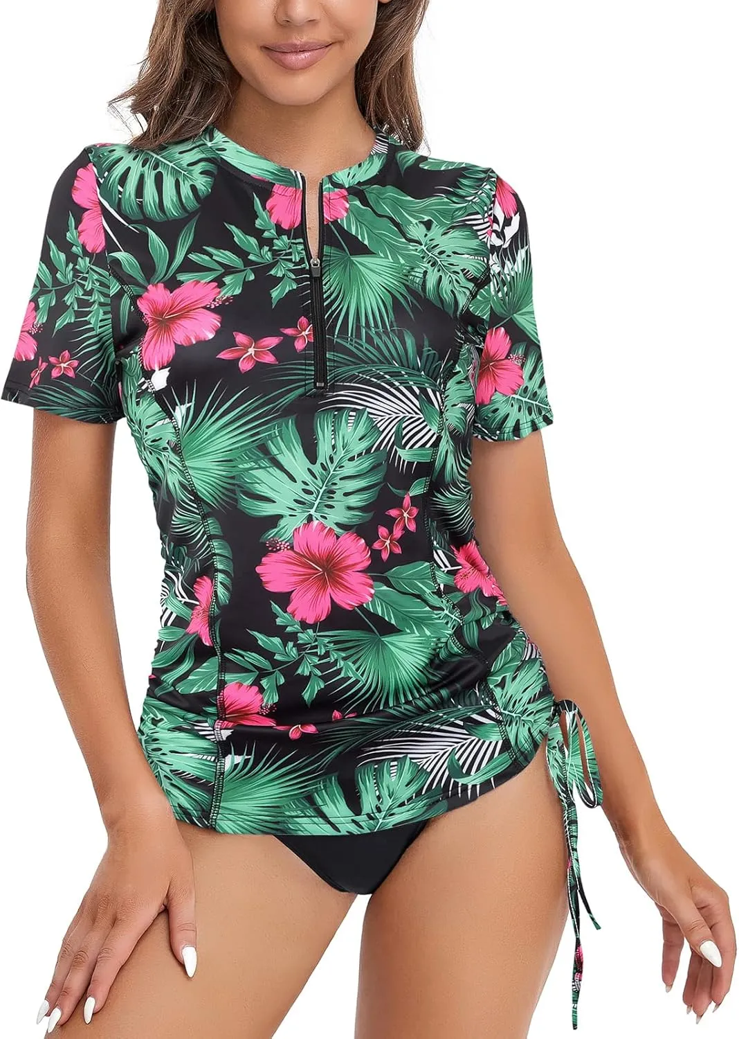 LURANEE Womens Short Sleeve Rash Guard Shirts UPF 50  Side Adjustable Wetsuit Swimsuit Top S-XXL