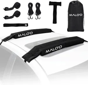 Maloo Universal 32 Soft Roof Rack Pads for Surfboards/SUP/Kayaks/Canoes with 15 Board Straps, Malo'o Storage Bag - No Bars gutters Required - Car Rack for Surfboard Supports 3 Boards