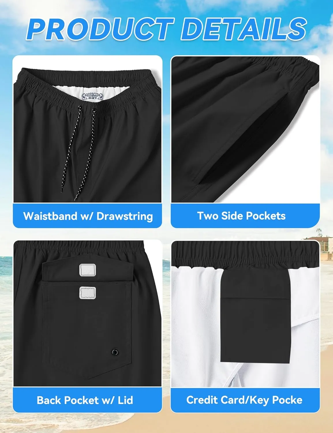 Mens Swim Trunks 8 inch Inseam Mesh Liner Quick-Dry Lightweight 4-Way Stretch Bathing Suit Swimming Trunks for Men UPF 50 