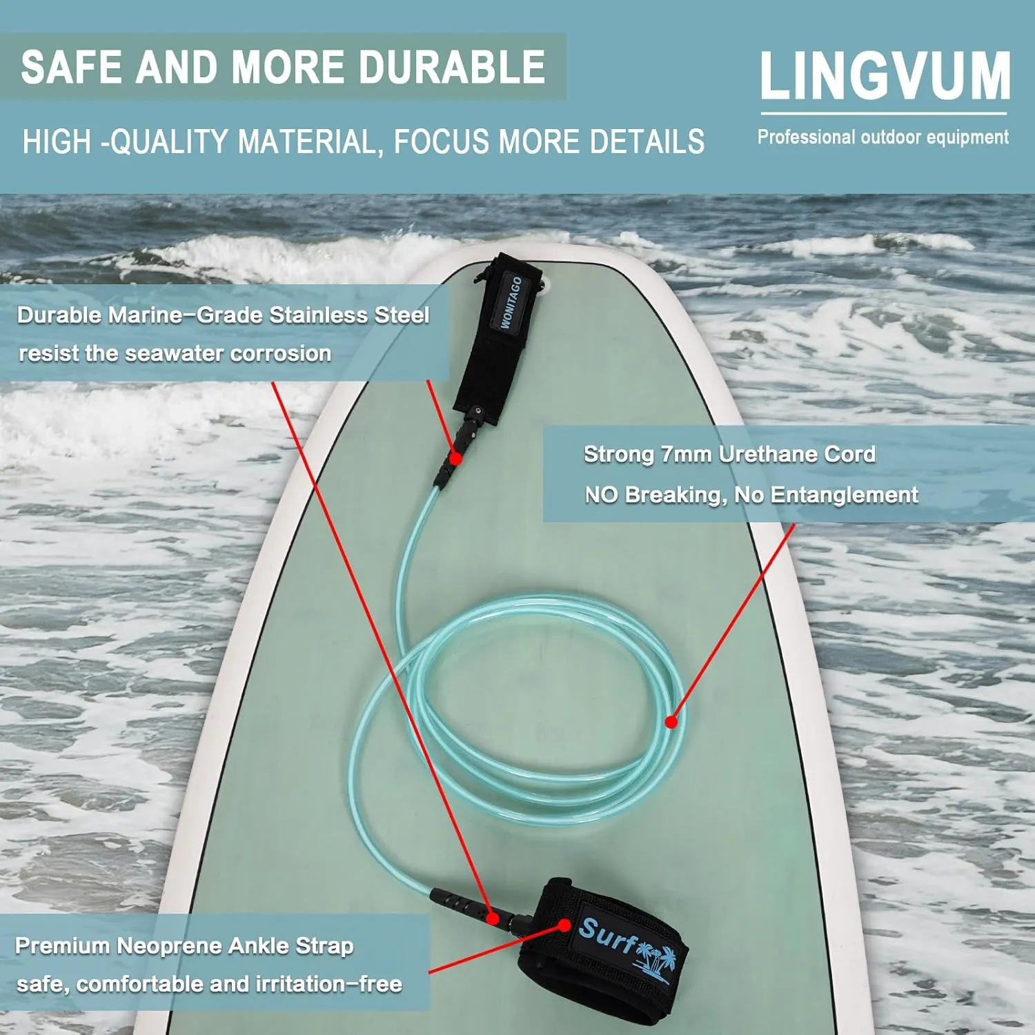 Premium Surfboard Leash, 6/7/8/9/10 ft, Straight Surf Board Leashes, 7mm Legrope Strap for Shortboard, Longboard