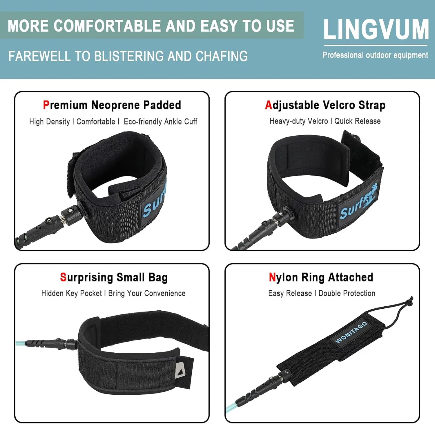 Premium Surfboard Leash, 6/7/8/9/10 ft, Straight Surf Board Leashes, 7mm Legrope Strap for Shortboard, Longboard
