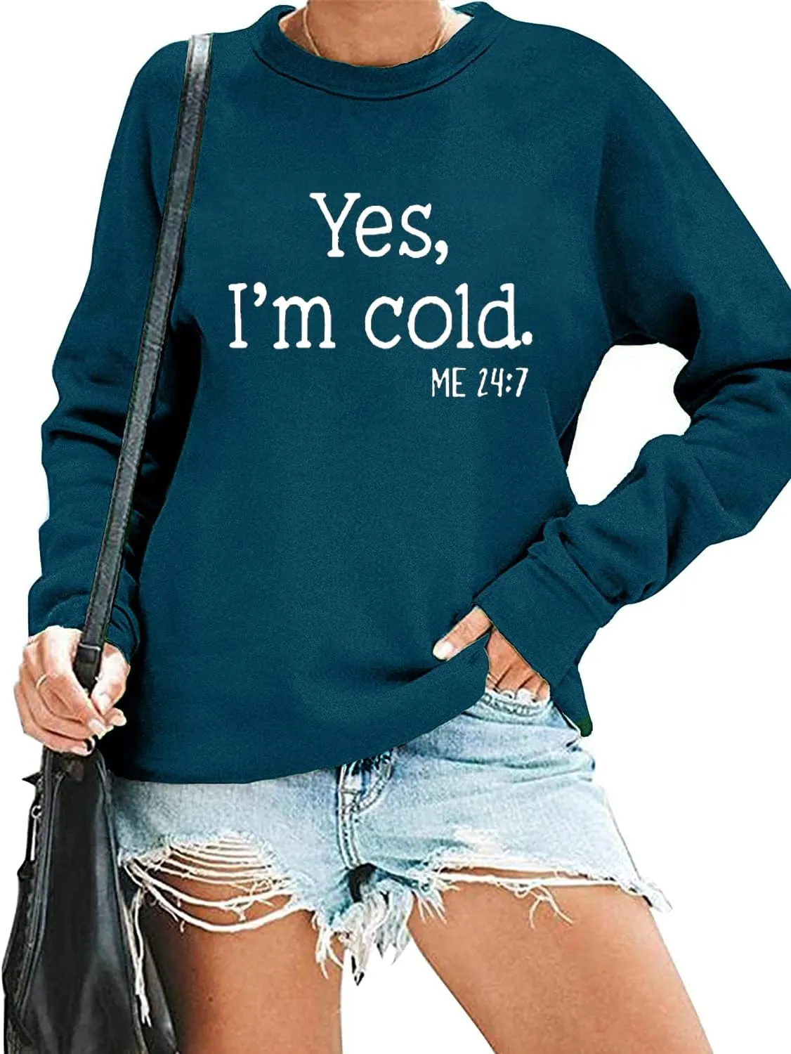 QIANRUO Yes I'm Cold Me 24:7 Sweatshirt for Women Funny Letter Print Fall Winter Sweatshirt Long Sleeve Crewneck Pullover Top