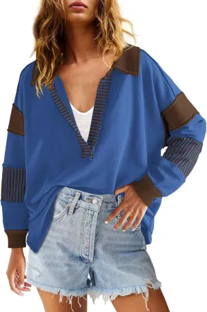 ReachMe Womens Oversized Striped Sweatshirts V Neck Loose Fit Tunic Colorblock Polo Shirts Patchwork Pullover Tops