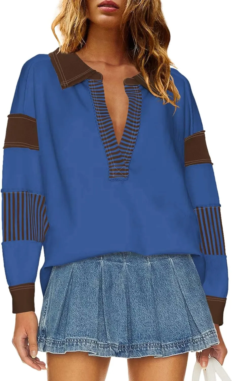 ReachMe Womens Oversized Striped Sweatshirts V Neck Loose Fit Tunic Colorblock Polo Shirts Patchwork Pullover Tops