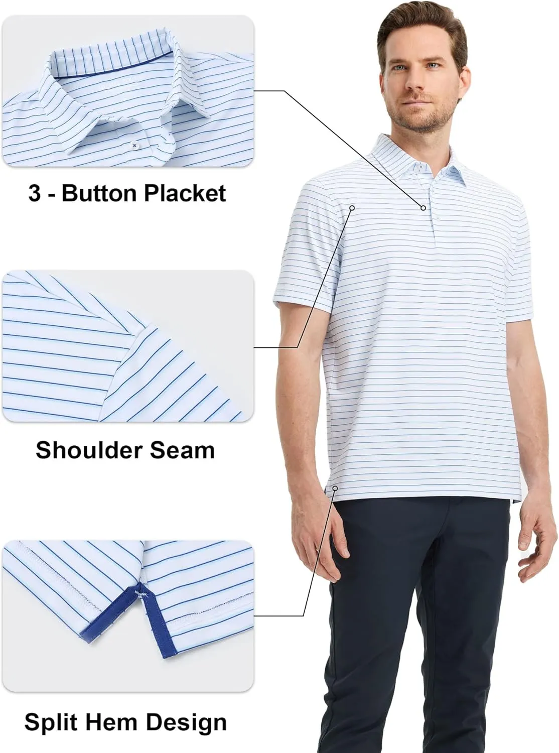 Rouen Mens Polo Shirts Short Sleeve Dry Fit Performance Moisture Wicking Causal Striped Polo Collared Golf Shirts for Men