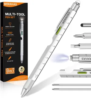 Stocking Stuffers for Adults- Gifts for Men, 9 in 1 Multitool Pen, Christmas Gift for Dad, Gifts for Him, Tool Gifts for Dad from Kids, Gifts for Husband, Boyfriend, Grandpa(Silver)