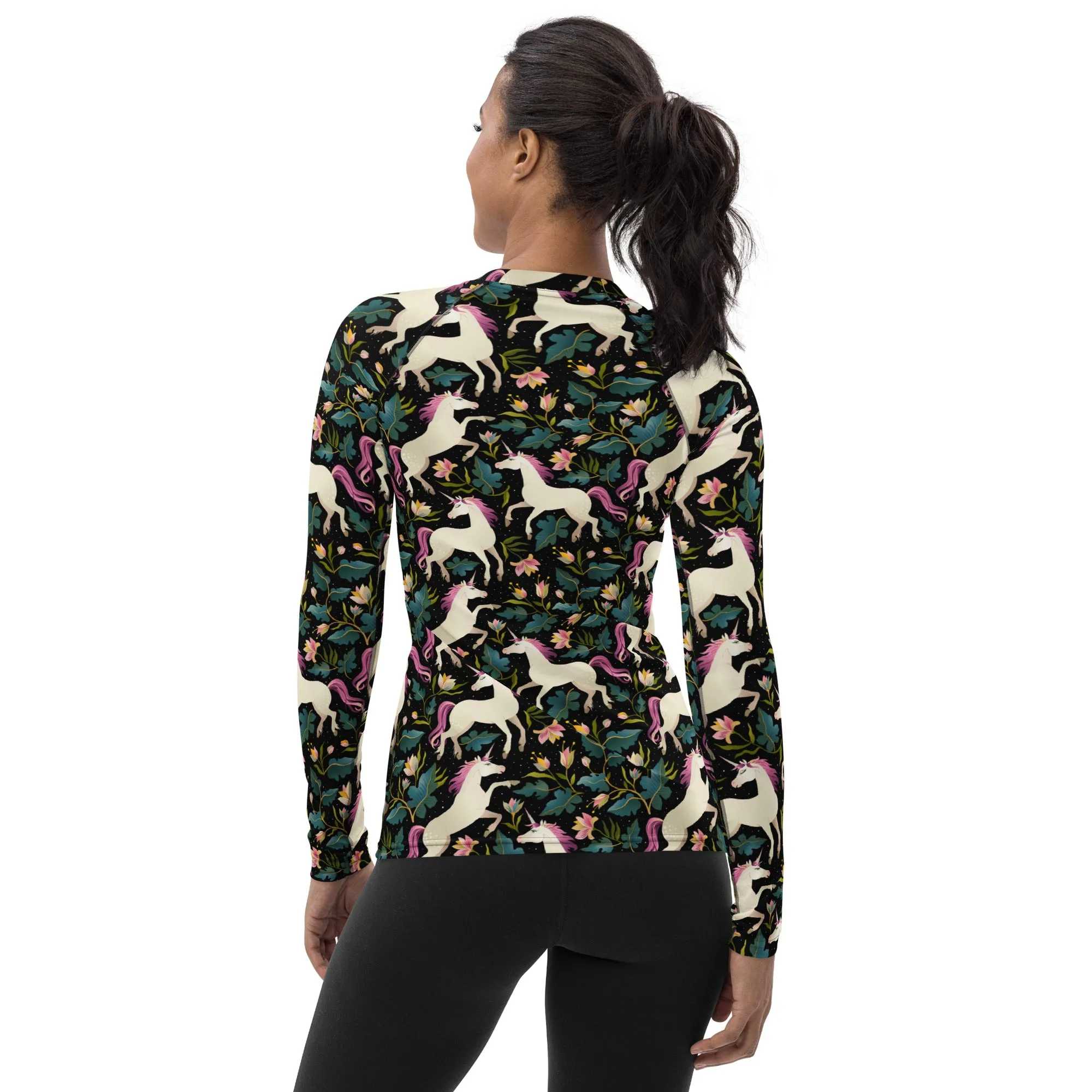 Unicorn Women's Rash Guard, Print Surf Long Sleeve Swim Shirt Swimwear Sun Jiu Jitsu Designer Wet Suit Protection 40 UPF