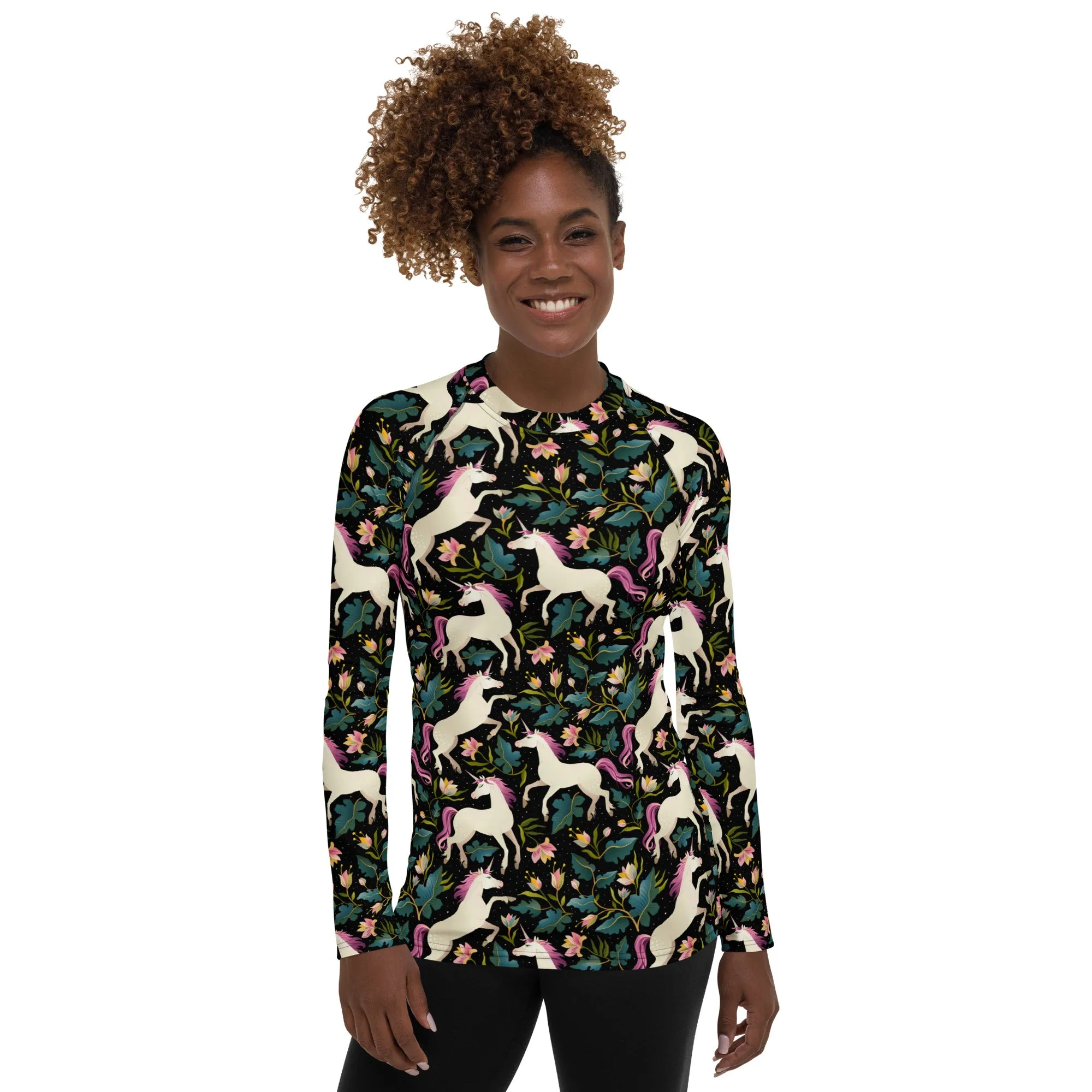 Unicorn Women's Rash Guard, Print Surf Long Sleeve Swim Shirt Swimwear Sun Jiu Jitsu Designer Wet Suit Protection 40 UPF