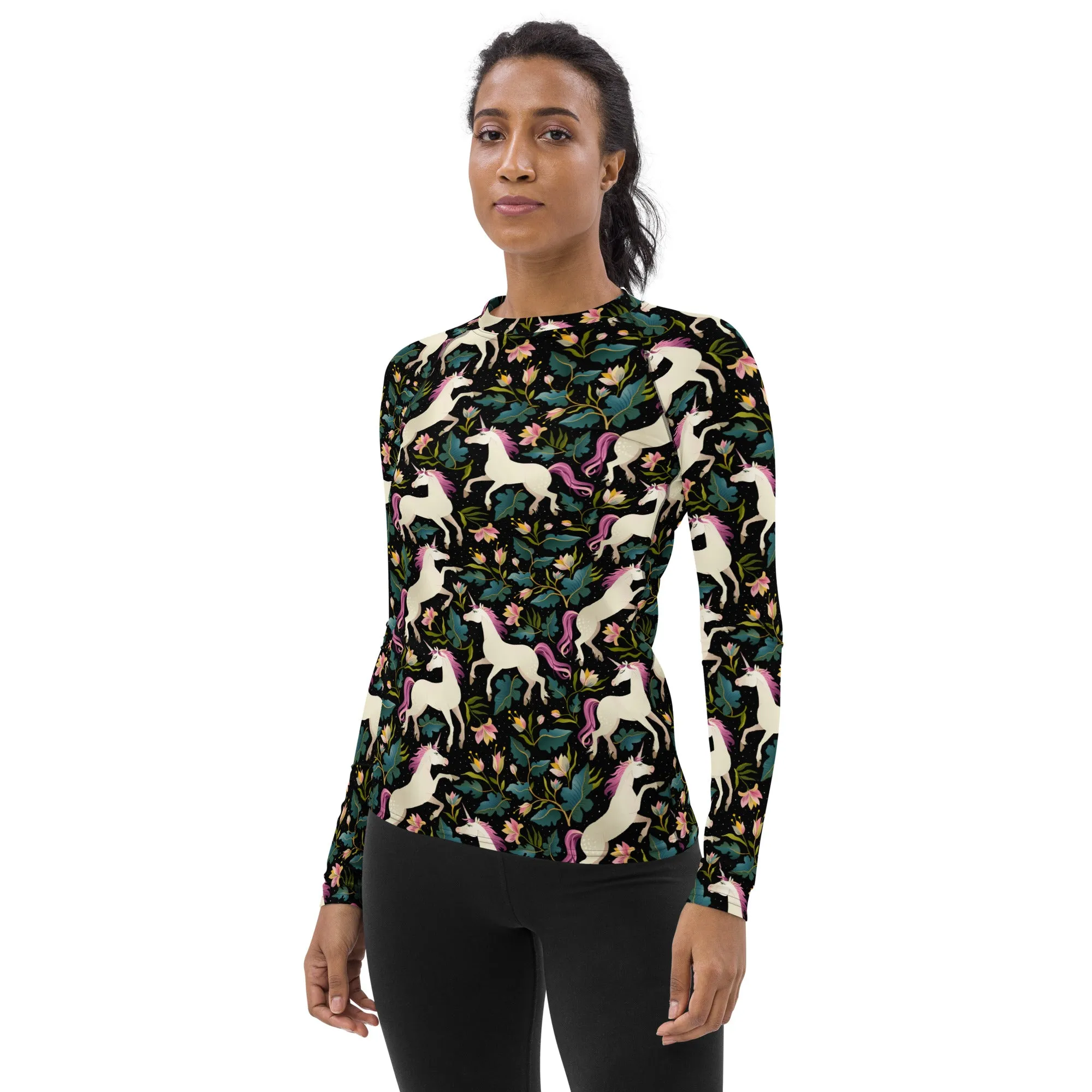 Unicorn Women's Rash Guard, Print Surf Long Sleeve Swim Shirt Swimwear Sun Jiu Jitsu Designer Wet Suit Protection 40 UPF