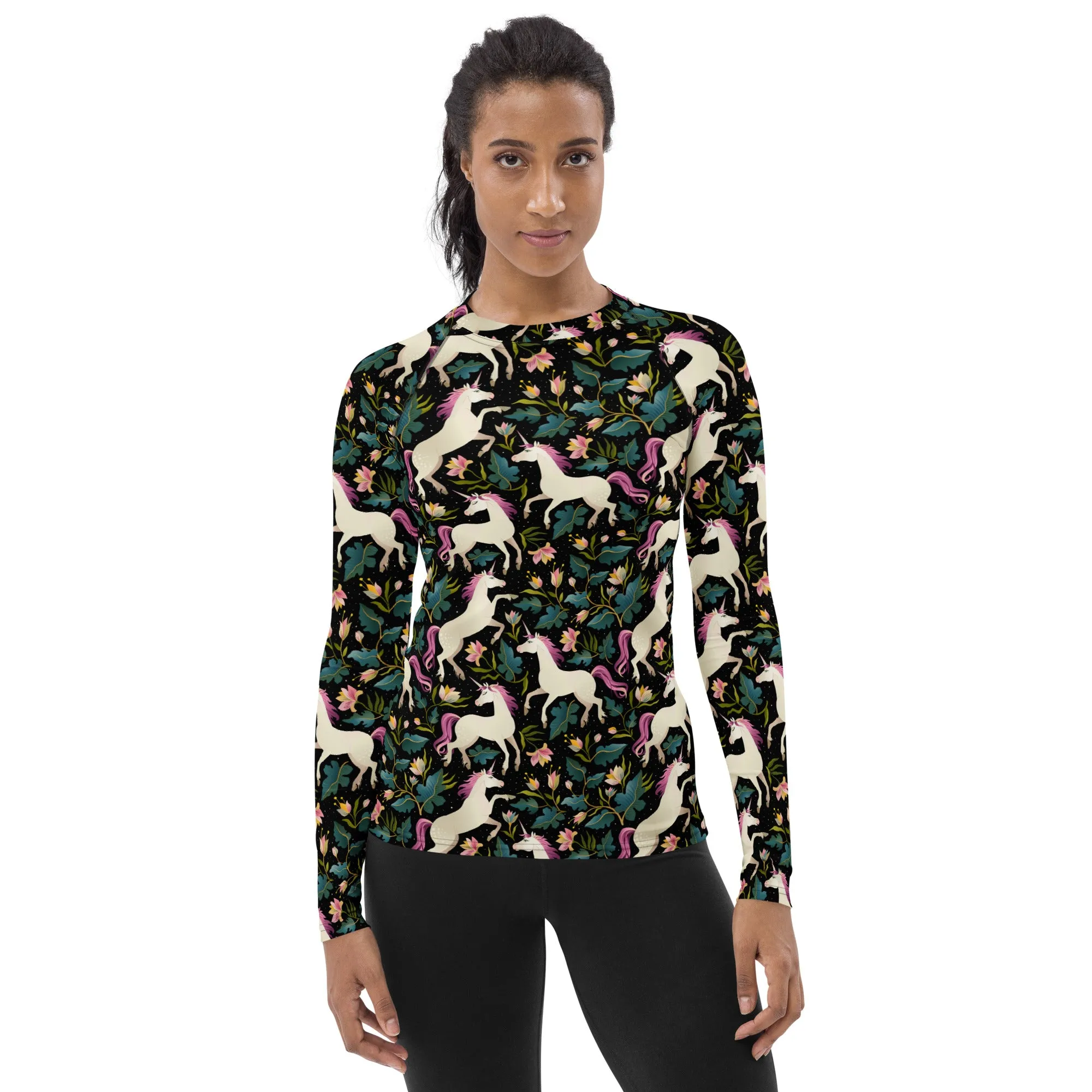 Unicorn Women's Rash Guard, Print Surf Long Sleeve Swim Shirt Swimwear Sun Jiu Jitsu Designer Wet Suit Protection 40 UPF
