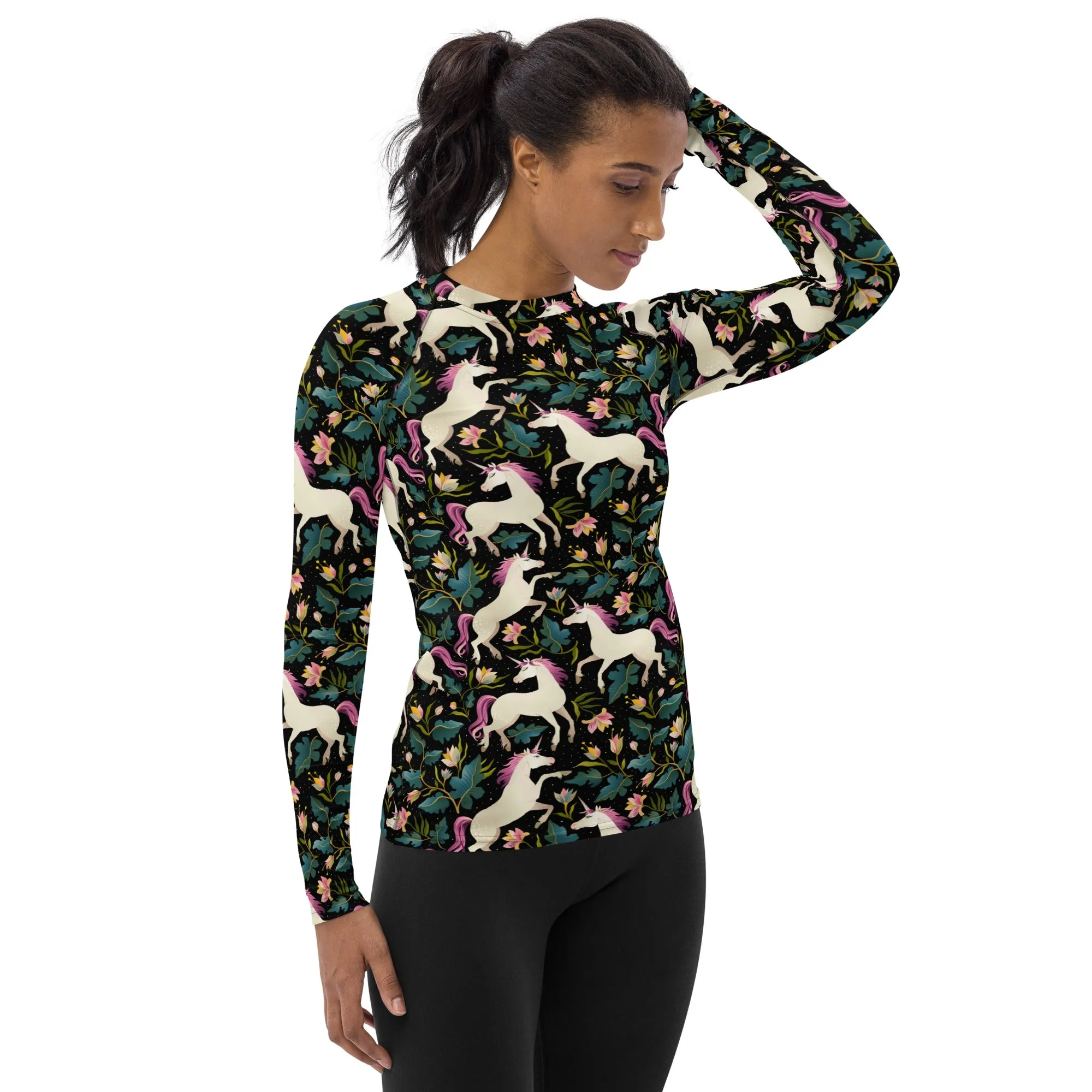 Unicorn Women's Rash Guard, Print Surf Long Sleeve Swim Shirt Swimwear Sun Jiu Jitsu Designer Wet Suit Protection 40 UPF