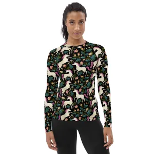 Unicorn Women's Rash Guard, Print Surf Long Sleeve Swim Shirt Swimwear Sun Jiu Jitsu Designer Wet Suit Protection 40 UPF