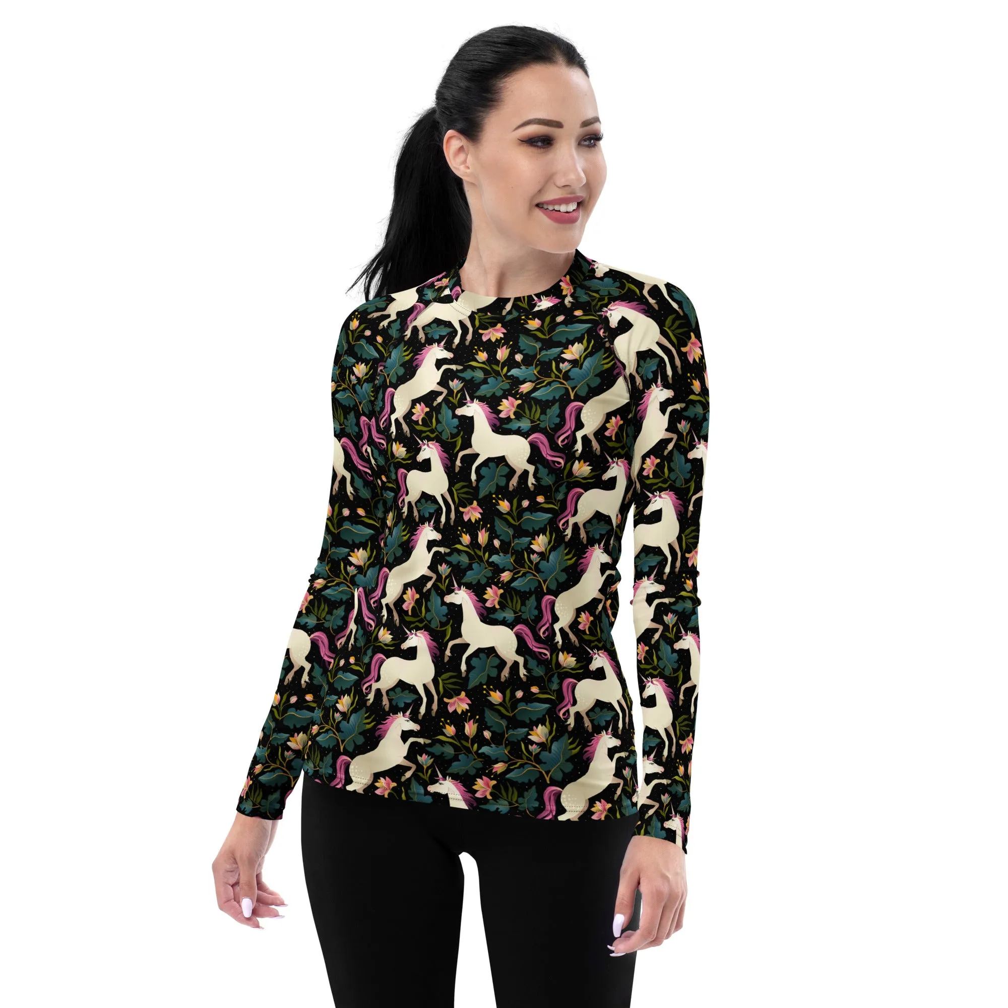 Unicorn Women's Rash Guard, Print Surf Long Sleeve Swim Shirt Swimwear Sun Jiu Jitsu Designer Wet Suit Protection 40 UPF