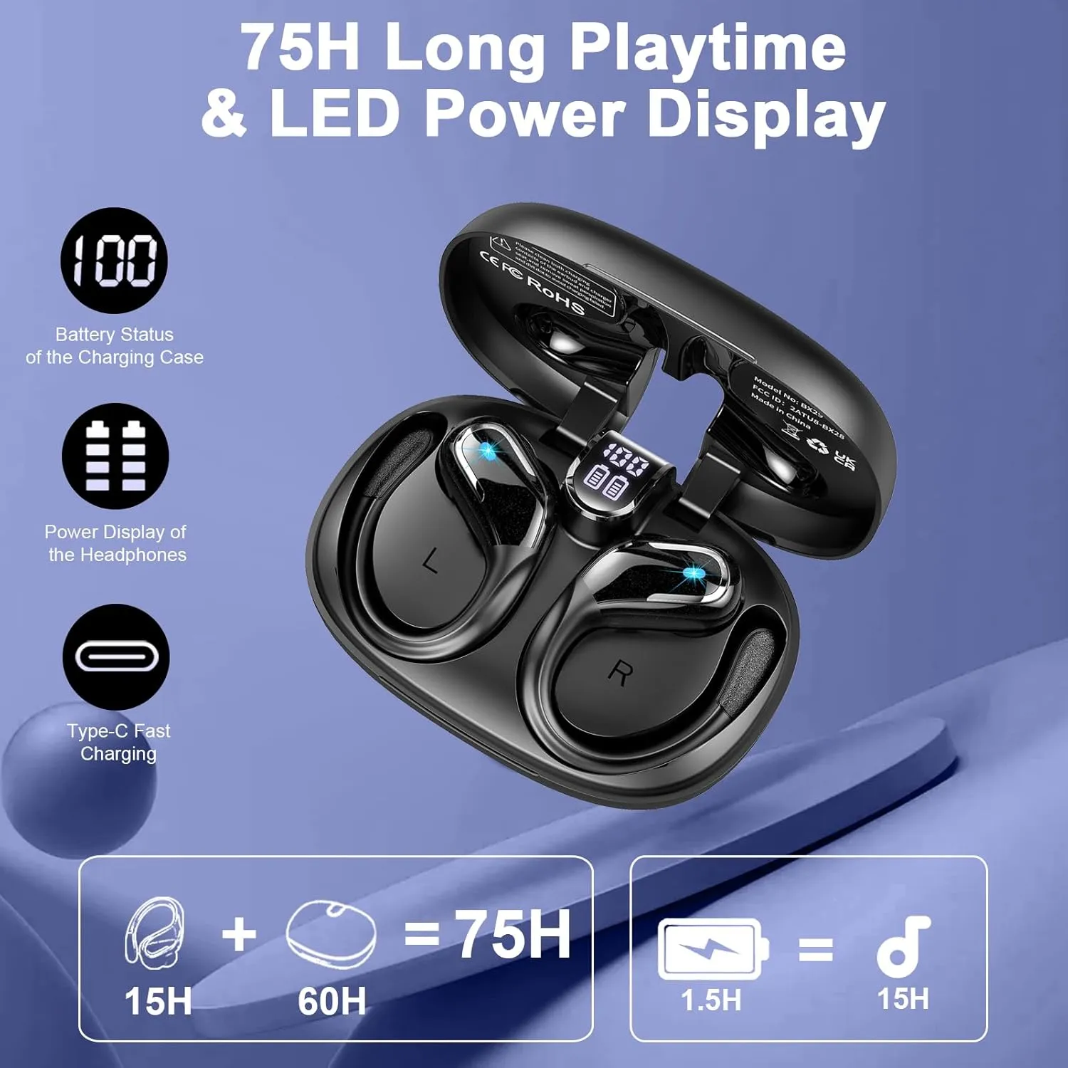 Wireless Earbud Bluetooth 5.4 Headphones 75Hrs Playtime, 2025 Bluetooth Earbuds Deep Bass Noise Cancelling Mic, Over Ear Bud with Sport Earhooks, IPX7 Waterproof Wireless Earphones for Workout/Running