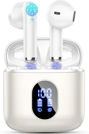 Wireless Earbuds, Bluetooth Headphones 5.4 with ENC Noise Cancelling Mics, 30H Bluetooth Ear buds 3D Bass with LED Display Charging Case, IP7 Waterproof Wireless Earphones for Android, iOS, Pearlwhite