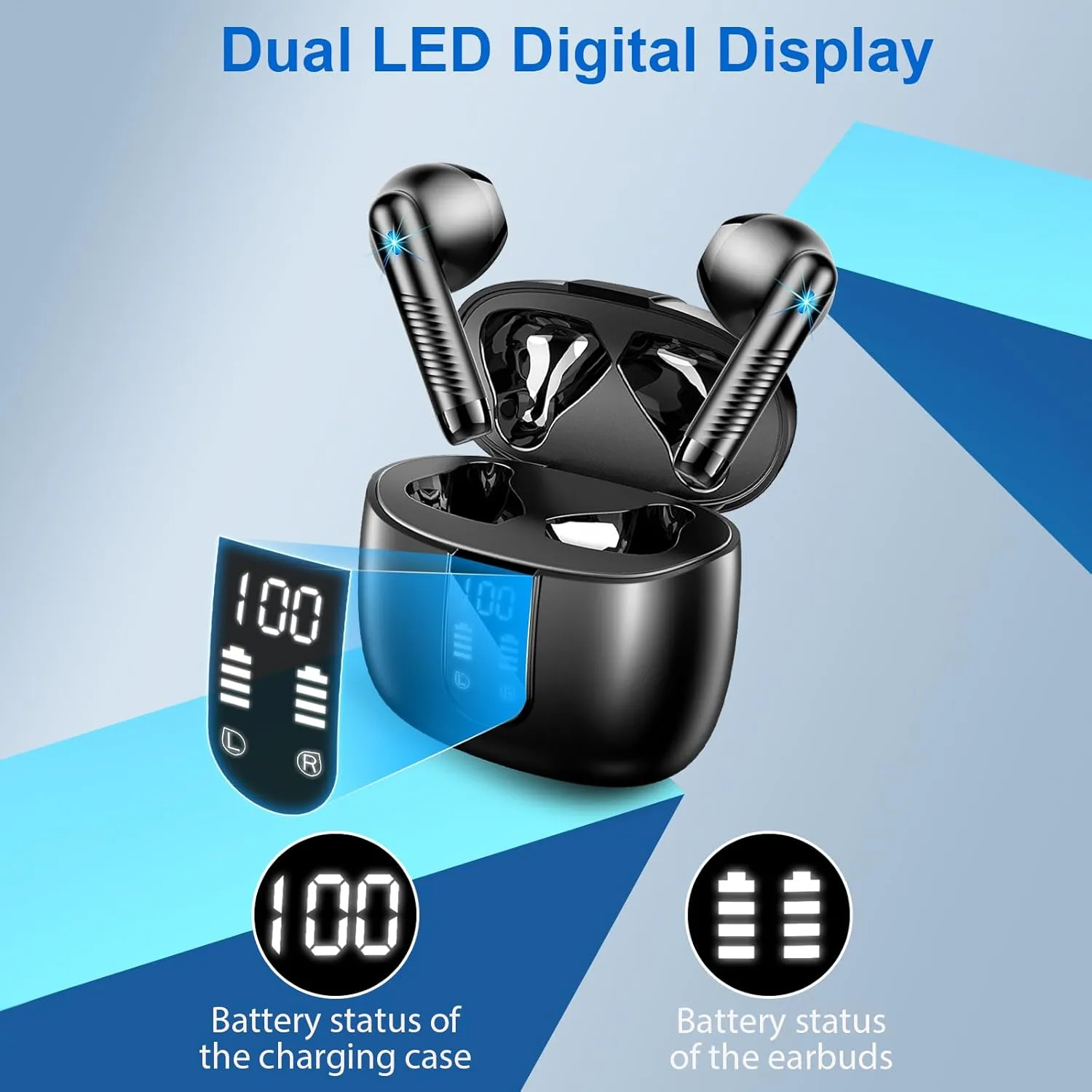 Wireless Earbuds, Bluetooth Headphones V5.4 Stereo Bass Ear buds with ENC Noise Cancelling Mics, 40H Bluetooth Earbuds with LED Display Charging Case, IP7 Waterproof Earphones for Android iOS, Black