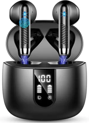 Wireless Earbuds, Bluetooth Headphones V5.4 Stereo Bass Ear buds with ENC Noise Cancelling Mics, 40H Bluetooth Earbuds with LED Display Charging Case, IP7 Waterproof Earphones for Android iOS, Black