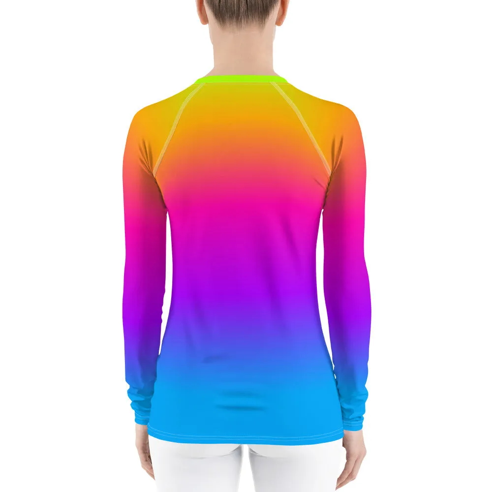 Women's Rash Guard, Pop Rainbow Colors, Neon Tie Dye Surf wear, Printed Top, Blue Purple Orange Swimwear, Colorful Rash Guard