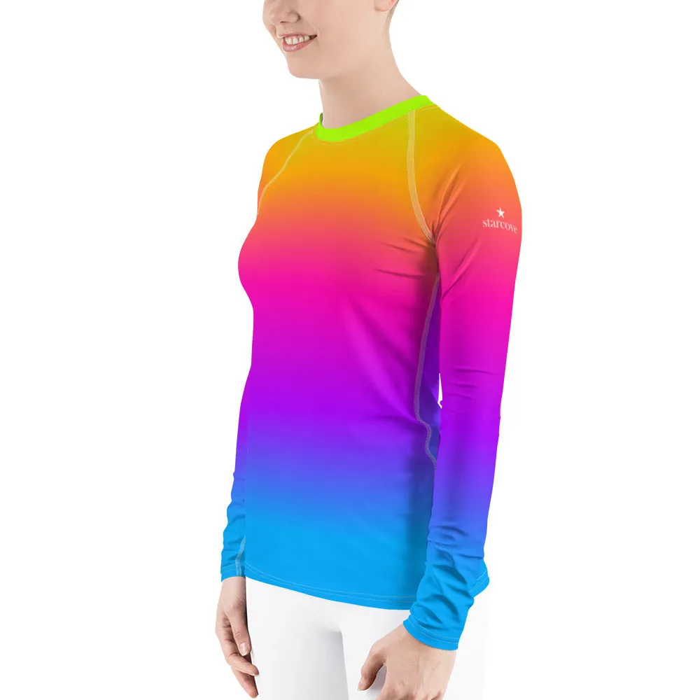 Women's Rash Guard, Pop Rainbow Colors, Neon Tie Dye Surf wear, Printed Top, Blue Purple Orange Swimwear, Colorful Rash Guard