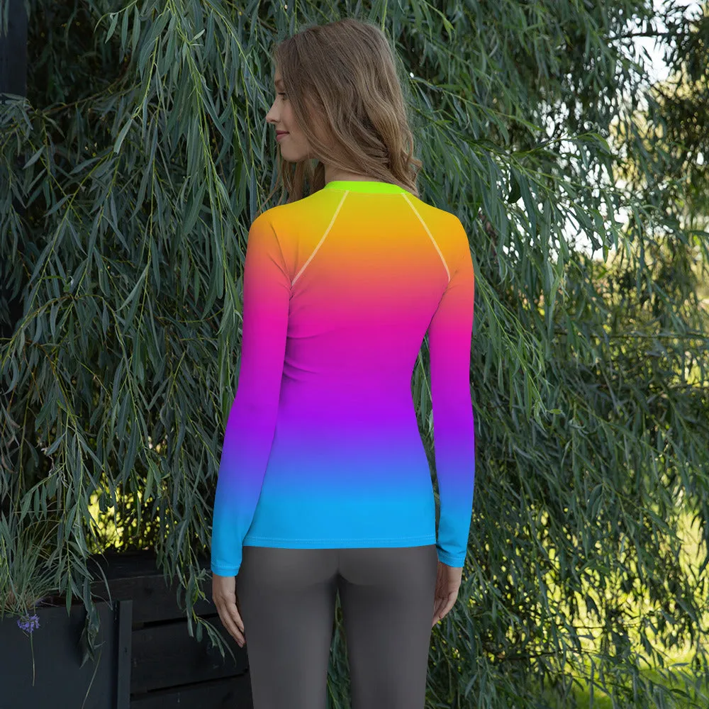 Women's Rash Guard, Pop Rainbow Colors, Neon Tie Dye Surf wear, Printed Top, Blue Purple Orange Swimwear, Colorful Rash Guard