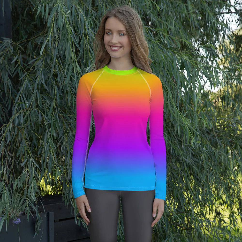 Women's Rash Guard, Pop Rainbow Colors, Neon Tie Dye Surf wear, Printed Top, Blue Purple Orange Swimwear, Colorful Rash Guard